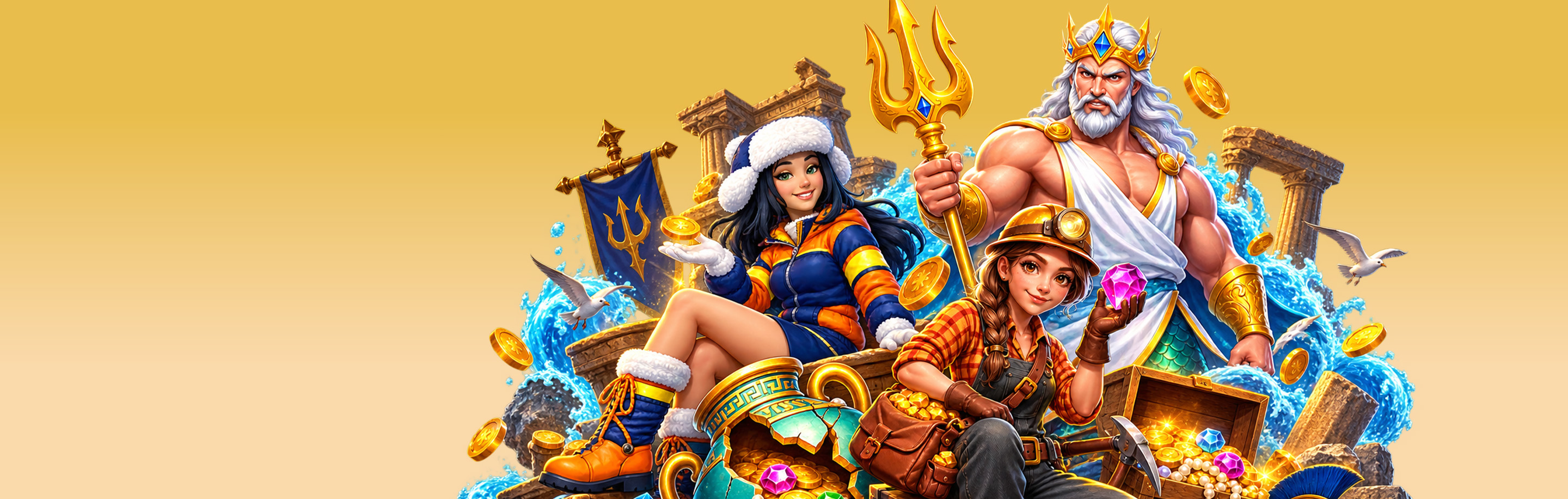 Royal adventurers, Zeus with a golden trident and a treasure chest