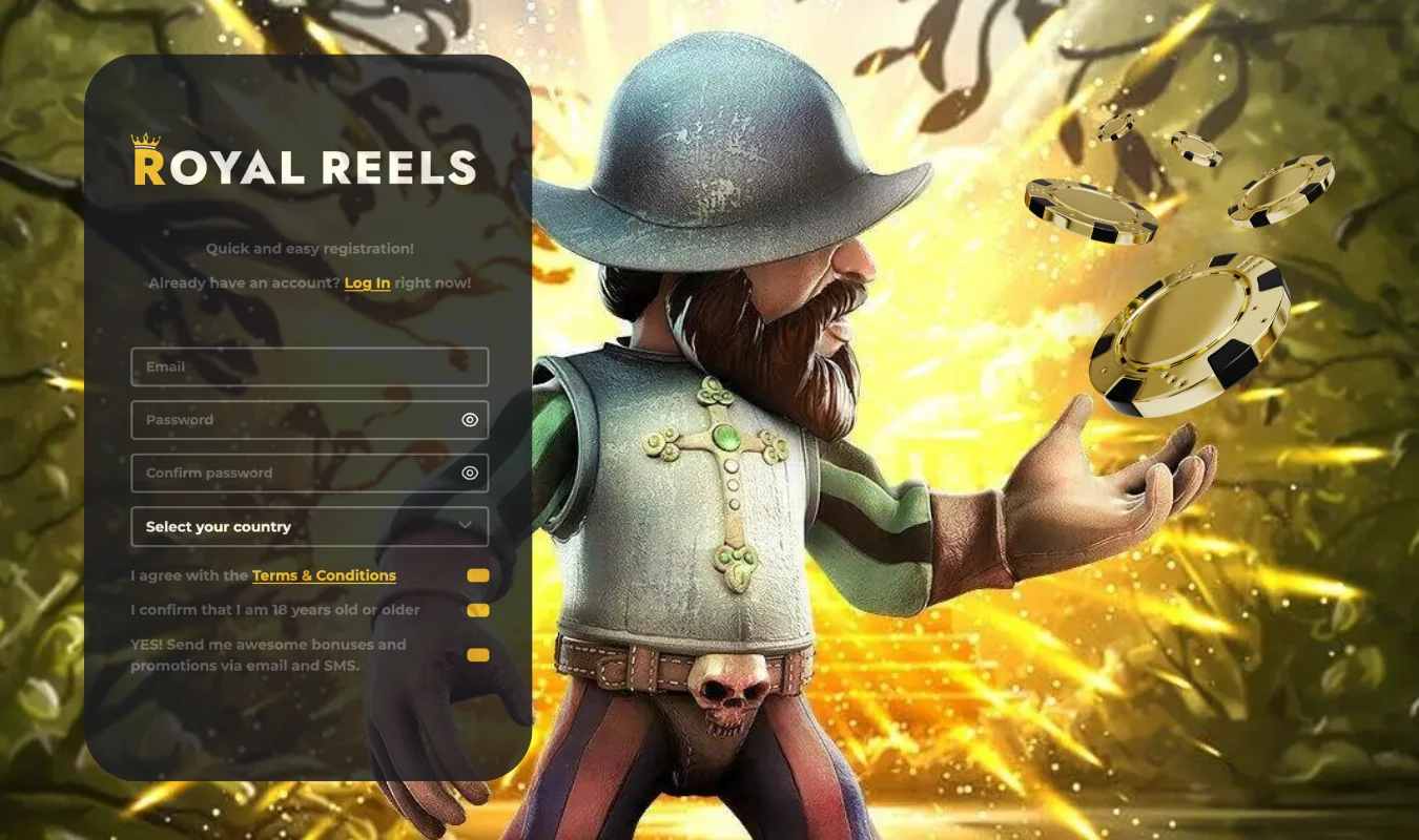Royal Reels registration screen with email and password fields